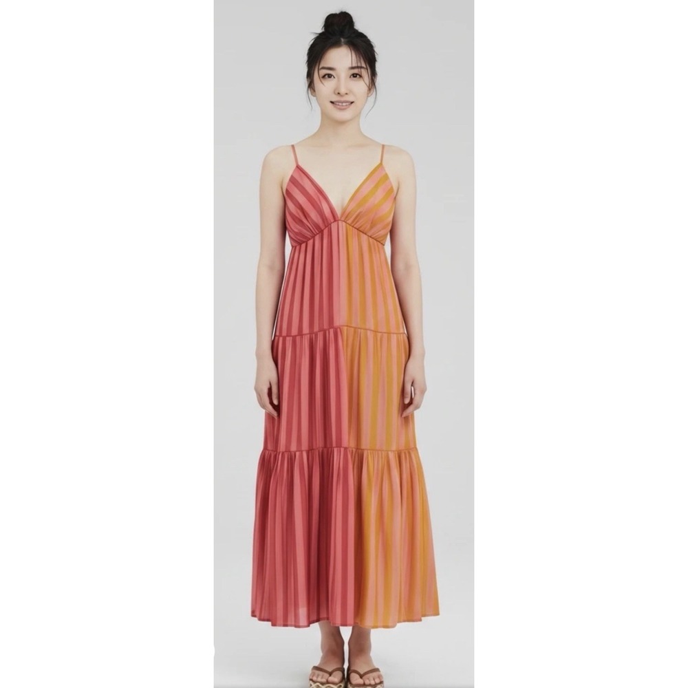 Farm Rio Anthropologie Maxi Dress Womens Small Petite Deep V Mixed Striped Flowy